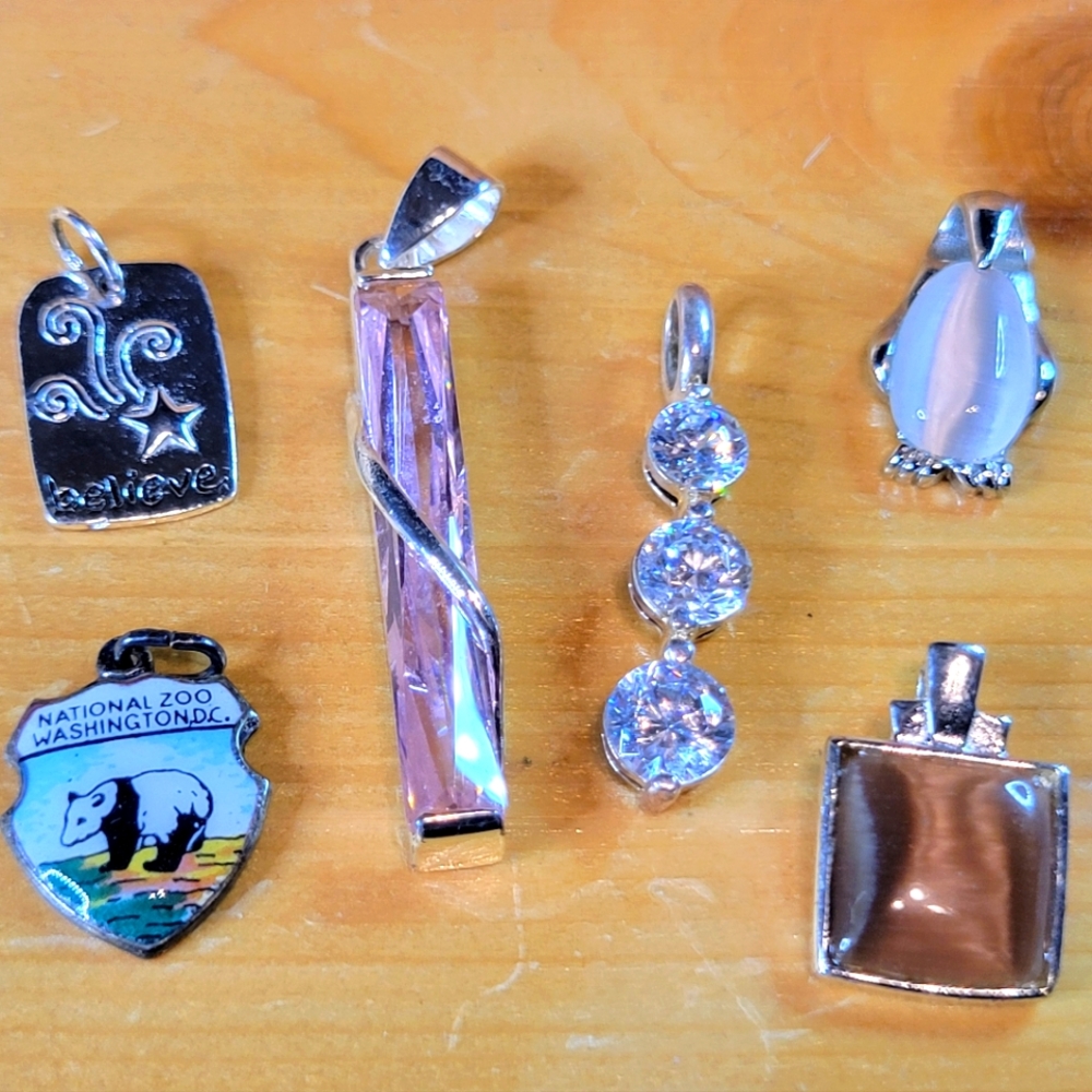 Set of 6 Sterling Silver Pendants 925 Charms Retro Costume Jewelry